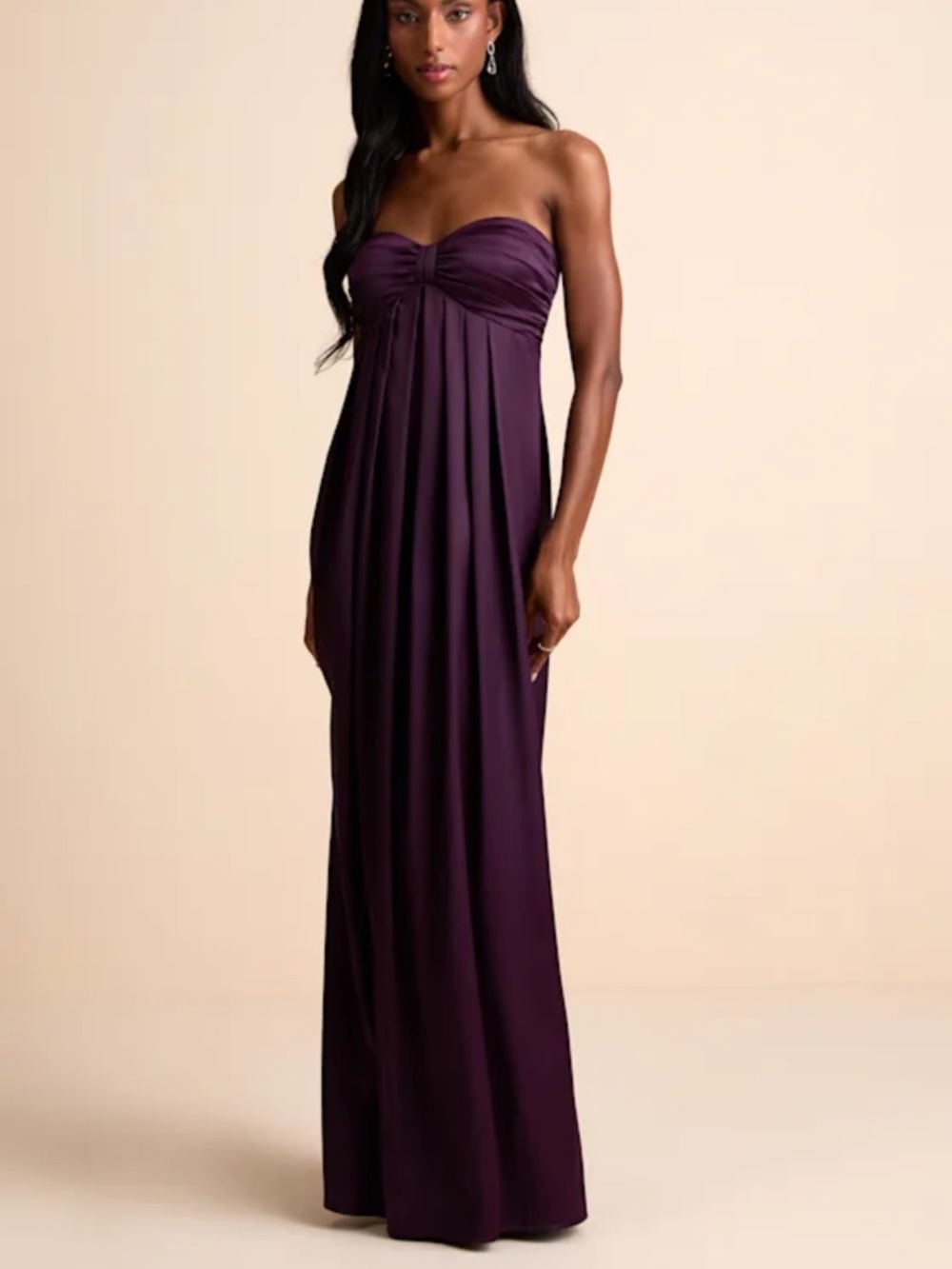 Memorable Entrance Dark Purple Strapless Satin Maxi Dress